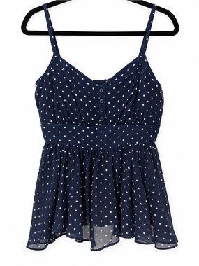 Hollister Navy and White Polka Dot Spaghetti Strap Peplum Camisole